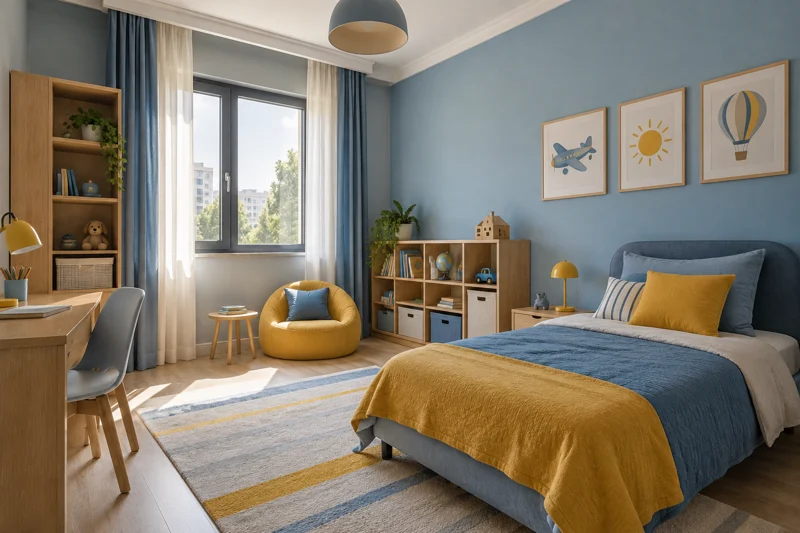 Mavi ve sarı detaylar, tek kişilik yatak ve alçak raflarla düzenlenen çocuk odası.