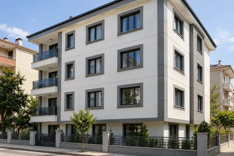 Beyaz dış cephe yüzeyi ve gri pencere detaylarıyla yenilenmiş konut cephesi.