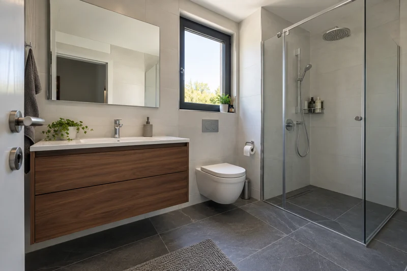 Açık duvar seramikleri, ahşap lavabo dolabı ve cam duş bölümü bulunan banyo.