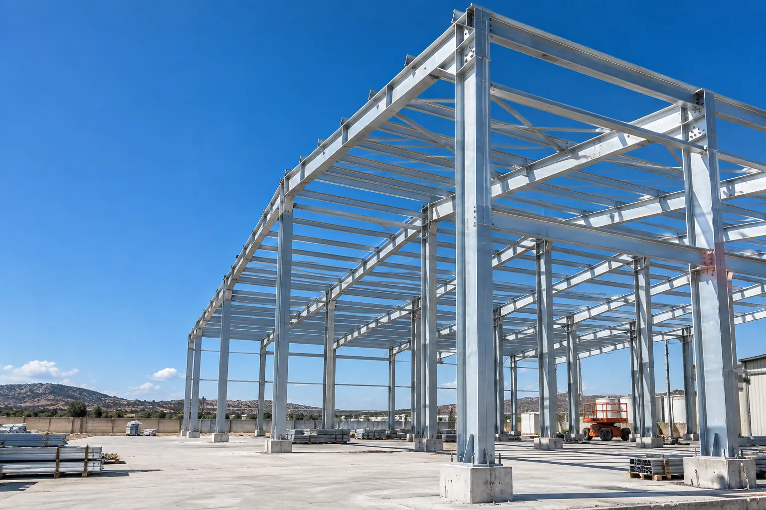 Mavi gökyüzü altında galvanizli çelik kolonlar ve çatı makasları.